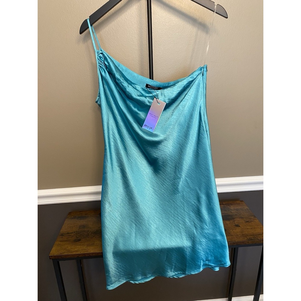NASTY GAL Womens Turquoise One Shoulder Satin Mini Dress Size 10